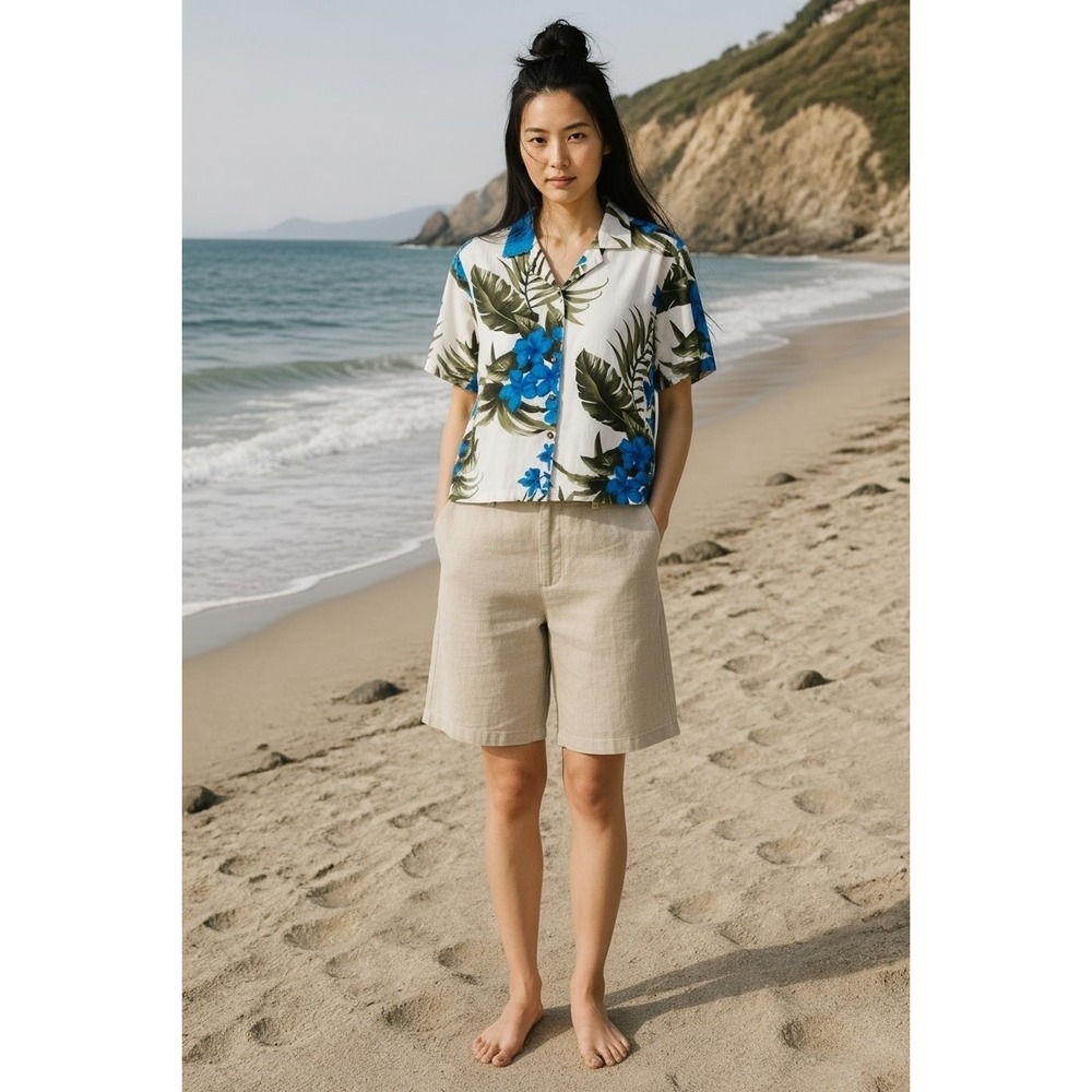 Favant Womens Hawaiian Shirt Blue Hibiscus Palm Leaf Rayon Camp Top White Size M